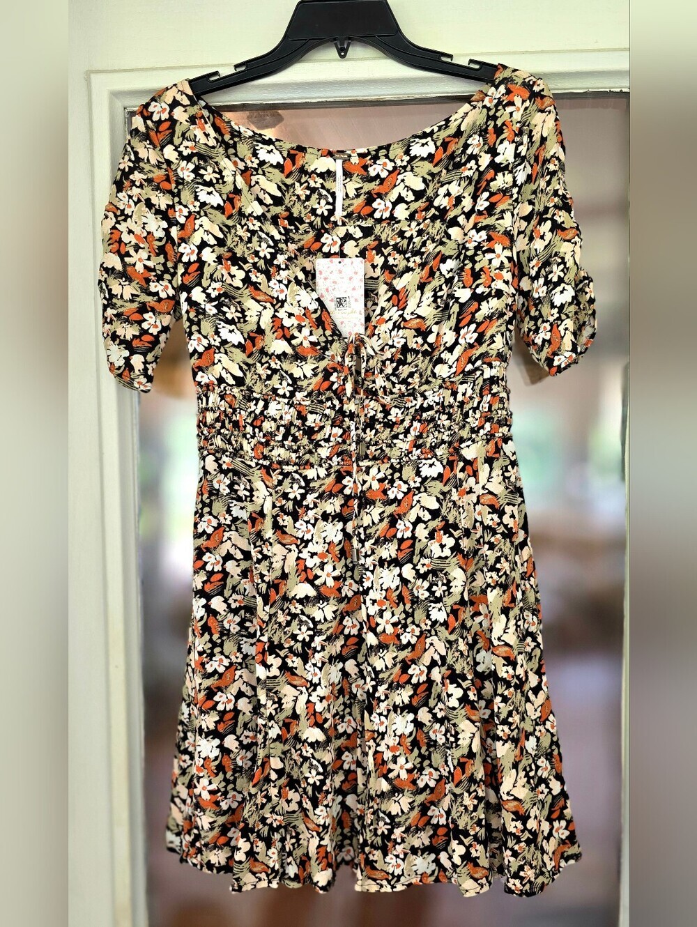New Free People Forget Me Not Charcoal Combo Floral Mini Dress Sz 4 Small Tie